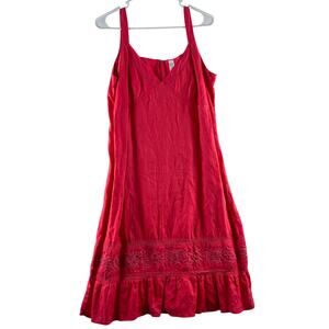 Vtg Old Navy Y2K 100% Linen Babydoll Midi Dress 2005 Embroidered Red Floral Sz14